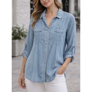 Soft Surroundings Chambray Button Front Blouse Large Lyocell Pintuck